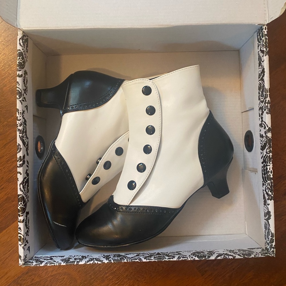 Bordello Black and White Vintage-Inspired Ankle Booties